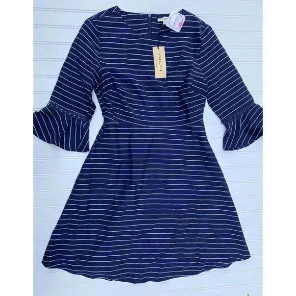 Gilli Women Navy Blue Striped Ruffle Sleeve Dress Lined Small NEW. 1298 - Picture 2 of 5